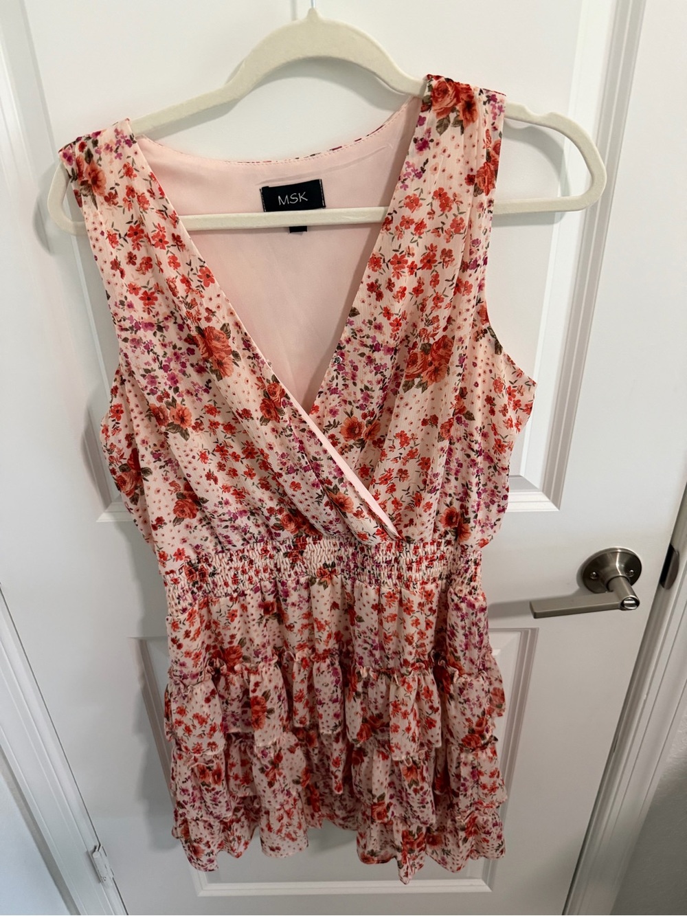 MSK Blush Pink Floral Tiered V-Neck Mini Dress